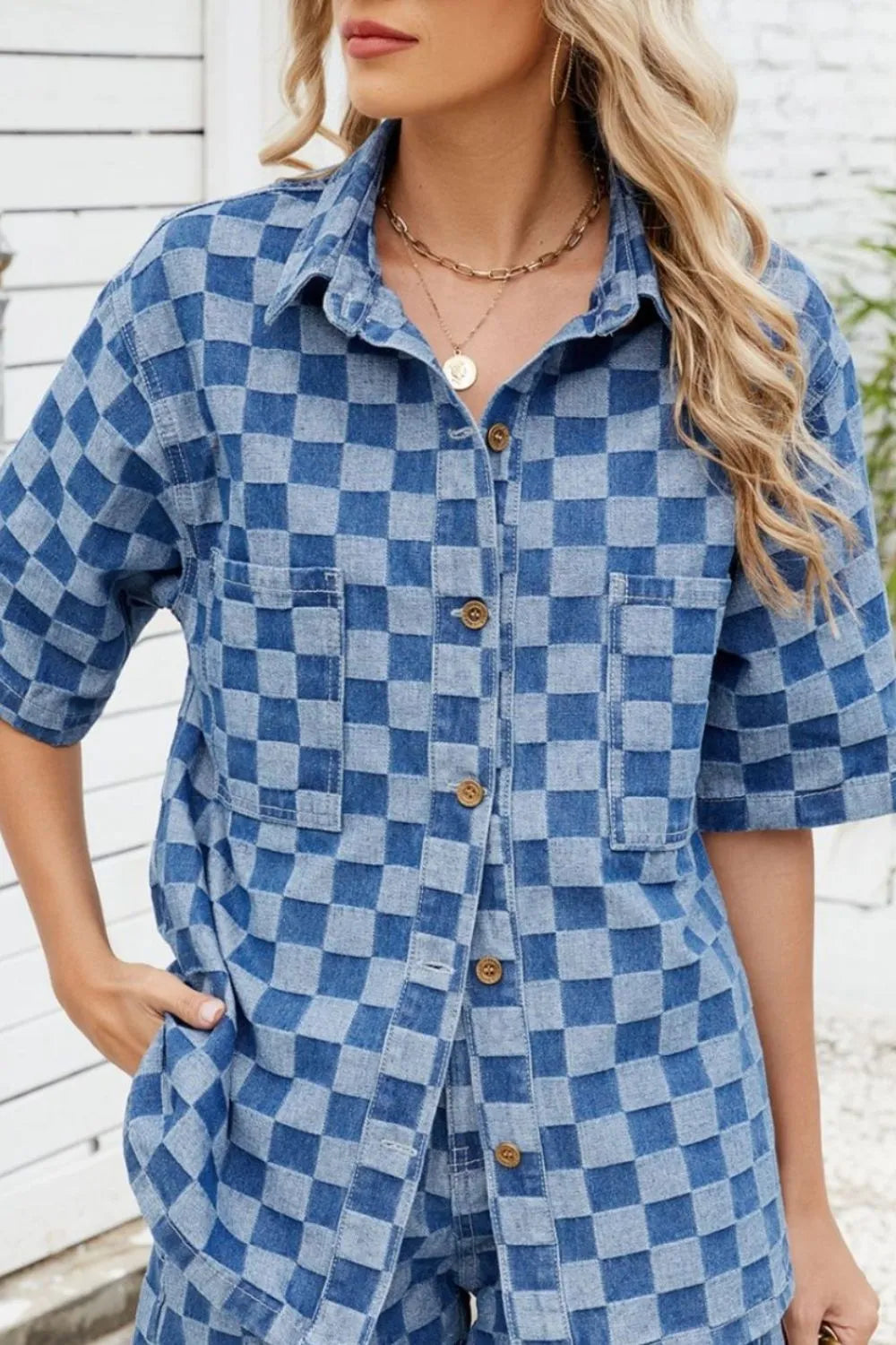 Men's Button Down Checkered Denim Shirt with Pocket - 95% Rayon, Classic Style for Every Occasion