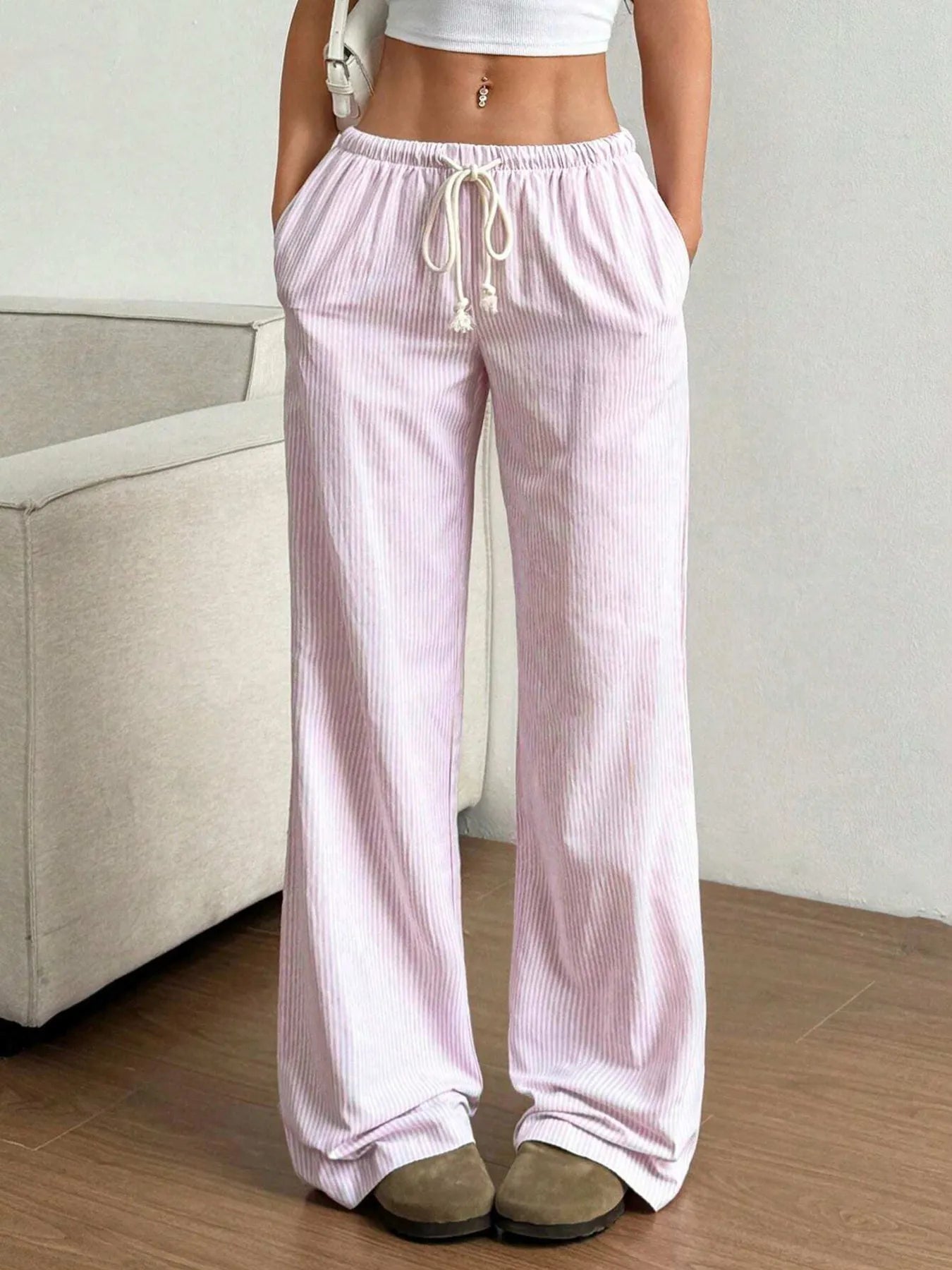 Drawstring Striped Wide Leg Pants
