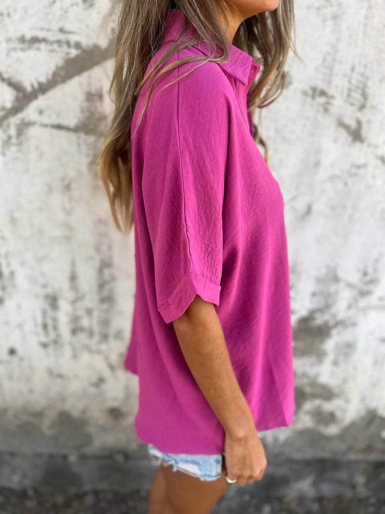 Full Size Casual Button Down Short Sleeve Loose Shirt Plus Size - Store 42