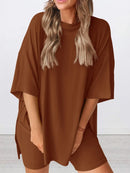 Full Size Oversized Round Neck Top and Shorts Set Plus Size Brown