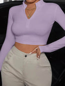 Trendy Half Zip Long Sleeve Crop T-Shirt - Slightly Stretchy Fabric, 95% Polyester, Stylish Fit - Store 42