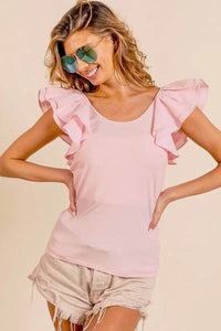 BiBi Wide Layered Ruffle Sleeve Scoop Neck Ribbed Top - Store 42
