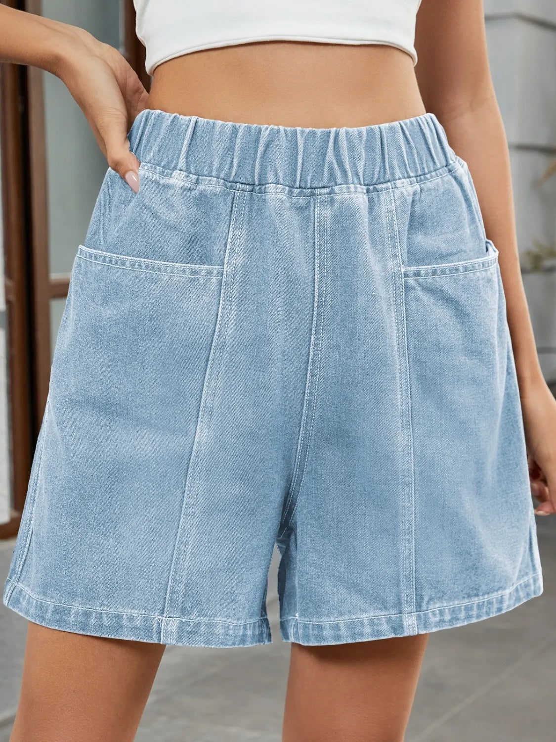 Women’s Pocketed Elastic Waist Denim Shorts - 95% Rayon, No Stretch, Machine Washable