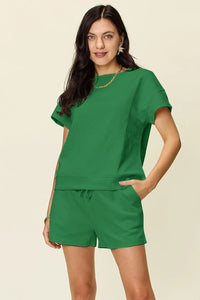 Double Take Full Size Texture Short Sleeve T-Shirt and Drawstring Shorts Set Green