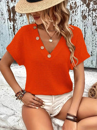 Slightly Stretchy V-Neck Waffle-Knit T-Shirt with Button Detail for Women - Store 42