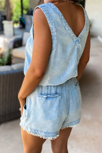 Raw Hem Studded V-Neck Drawstring Sleeveless Denim Romper