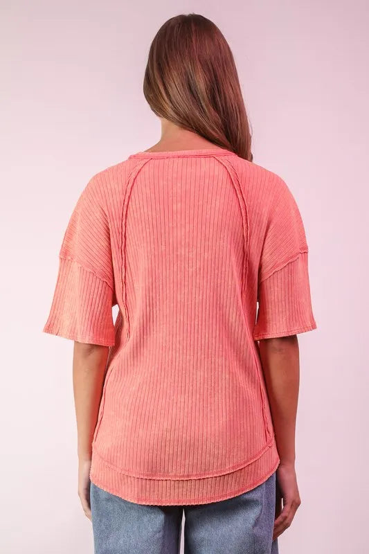Casual Very J Mineral Washed Ribbed Knit Top with Exposed Seam, Slightly Stretchy & Comfortable