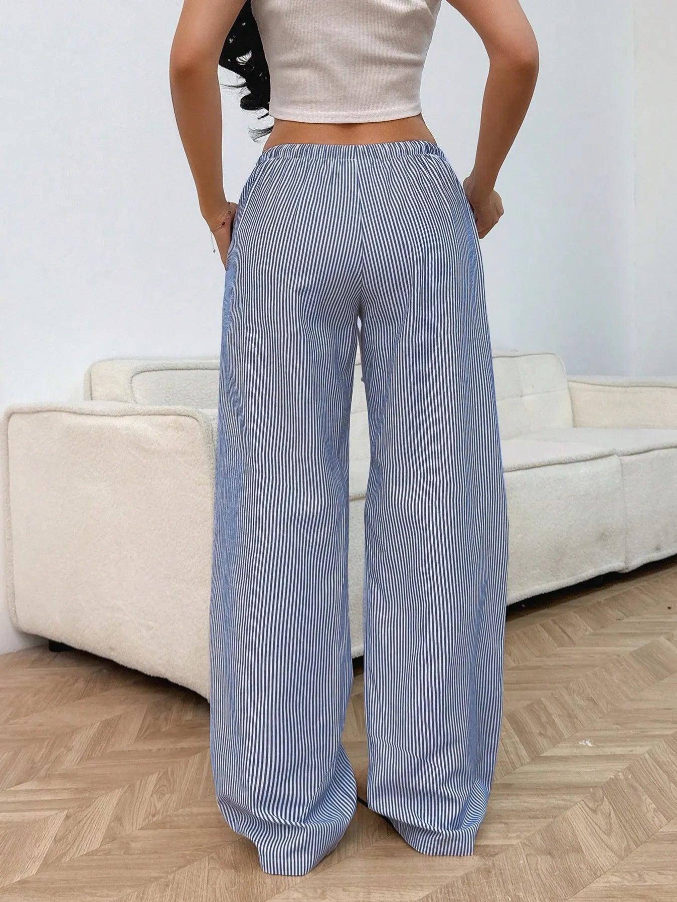 Drawstring Striped Wide Leg Pants
