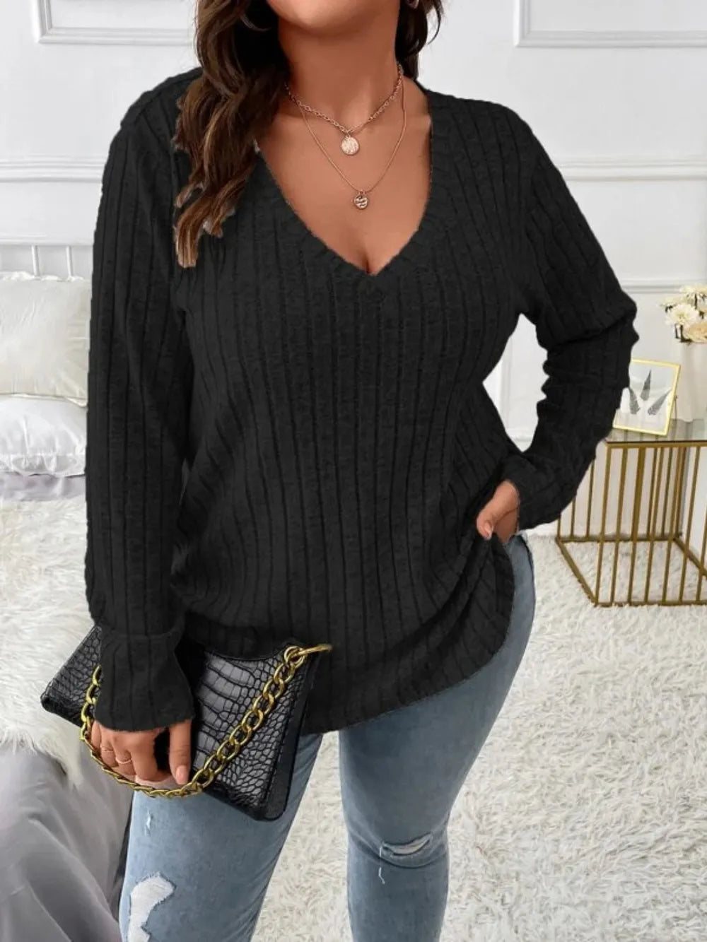 Plus Size 100% Polyester V-Neck Long Sleeve T-Shirt - Slightly Stretchy & Opaque