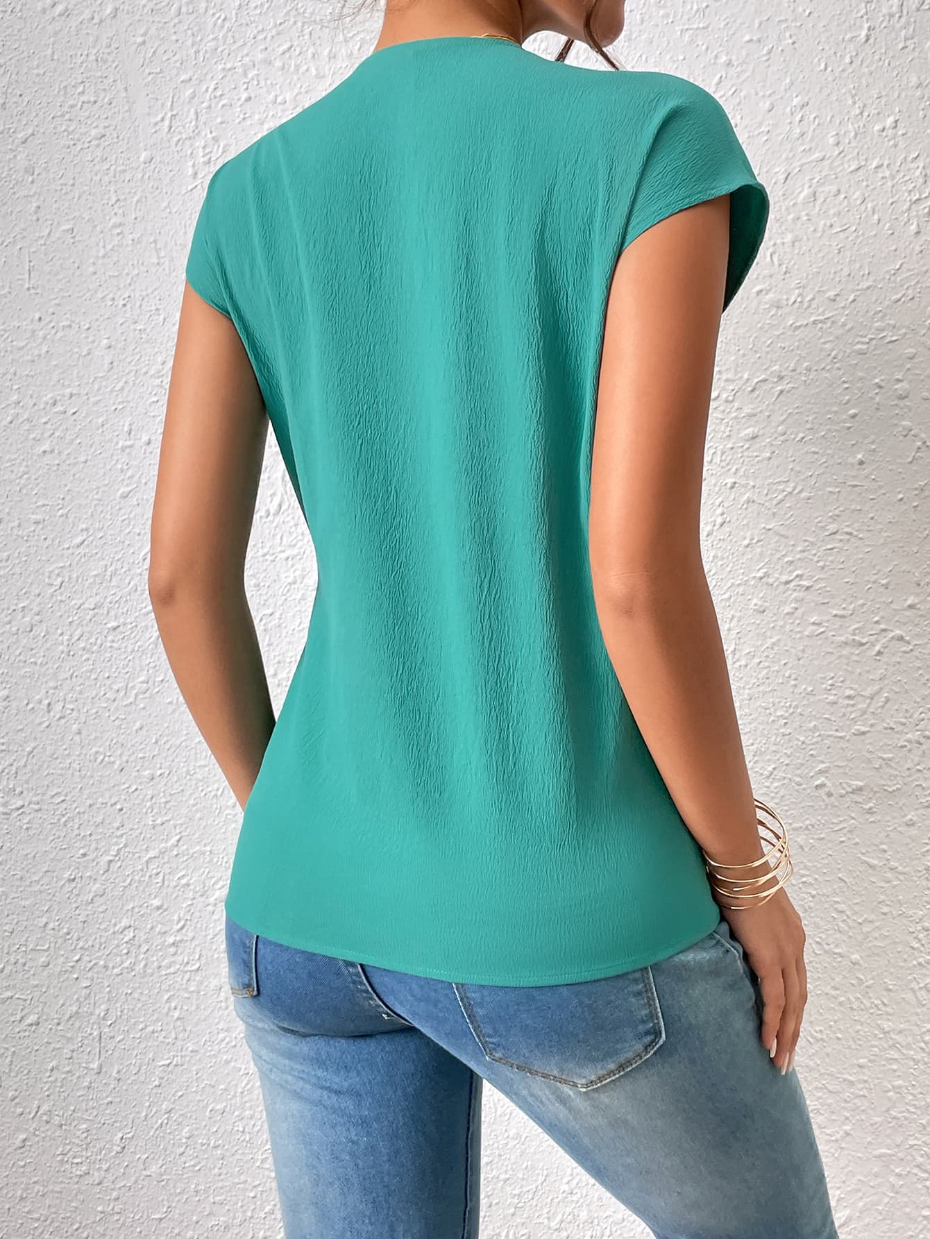 Stylish Honey Tied Surplice Neck Blouse with Short Sleeves - Casual Solid Top