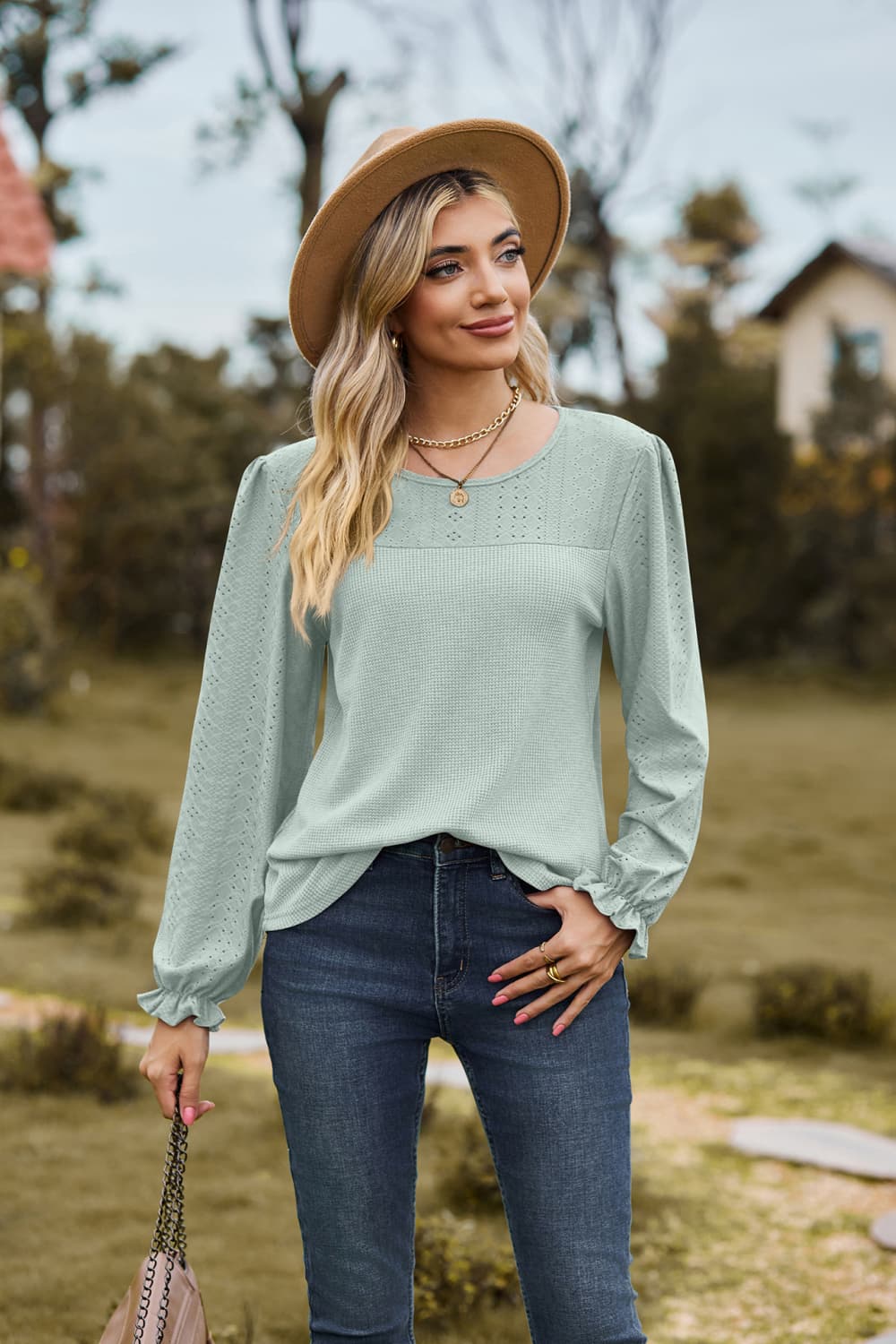Casual Round Neck Puff Sleeve Blouse with Eyelet Detail - Opaque, Slightly Stretchy Fabric