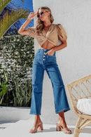 Button Fly Cropped Wide Leg Jeans Dark Blue