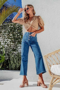 Button Fly Cropped Wide Leg Jeans Dark Blue