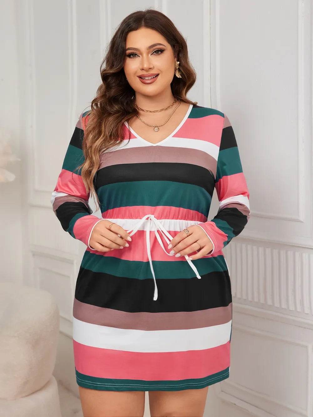 Honey Plus Size Striped V-Neck Long Sleeve Mini Dress - Store 42