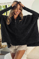 BiBi Vintage Washed Oversized Quilted Half Zip Sweatshirt with Fleece Lining and Ribbed Cuffs - Store 42