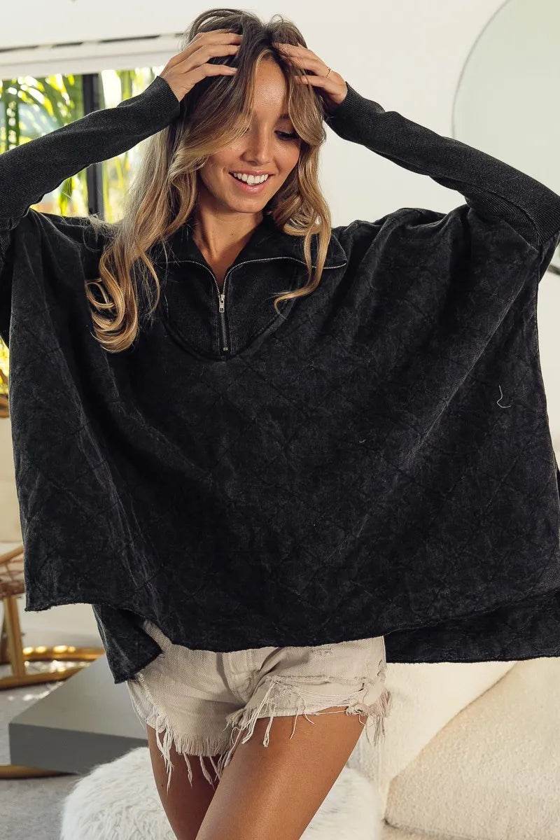 BiBi Vintage Washed Oversized Quilted Half Zip Sweatshirt with Fleece Lining and Ribbed Cuffs - Store 42