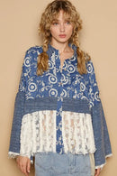 POL Lace Hem Embroidered Long Sleeve Shirt Peacock Blue