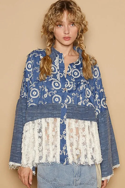 Lace Hem Embroidered Long Sleeve Shirt - Semi-Sheer, Elegant Tiered Design by Trendsi