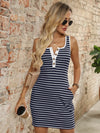 Striped Button Front Wide Strap Tank Dress Dark Navy