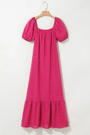 SYNZ Gingham Check Bubble Sleeve Ruffled Maxi Dress