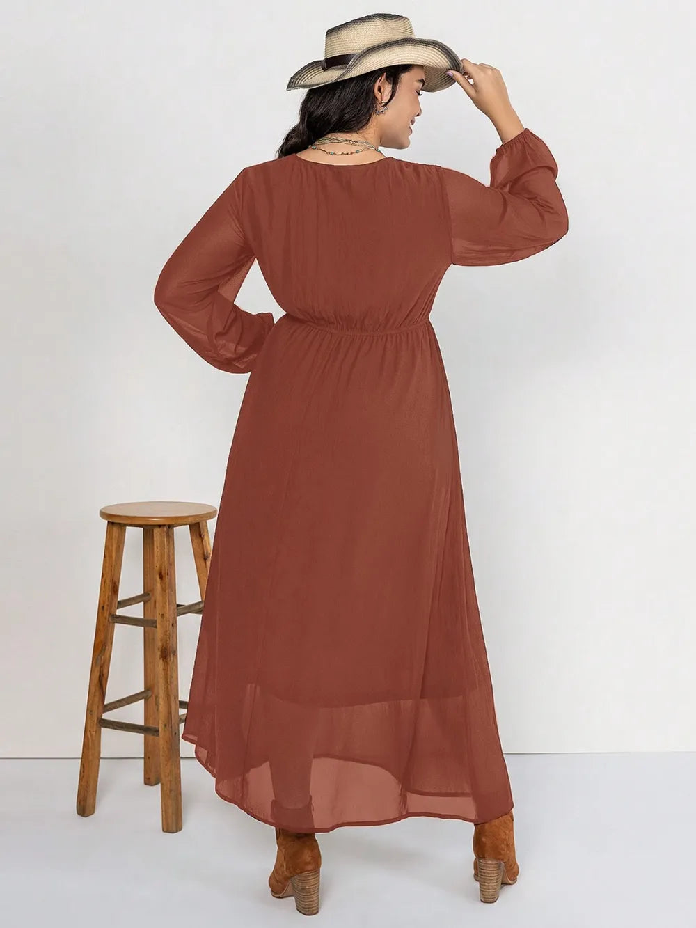 Plus Size Embroidered Long Sleeve Dress with Tie Neck - Opaque, Non-Stretch, Casual Chic