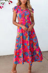 Boho Floral V Neck Ruffle Tiered Dress Hot Pink