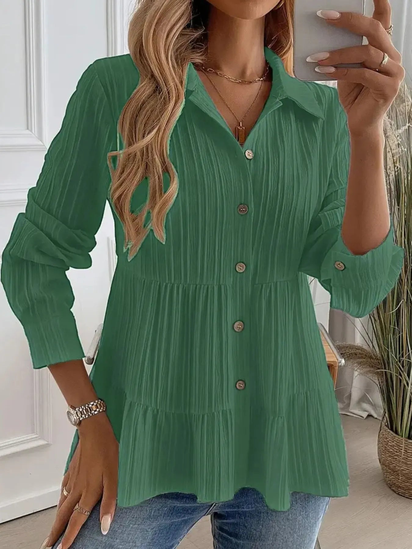 Striped Button-Down Tiered Shirt Dark Green