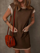 Round Neck Cap Sleeve Mini Dress Brown