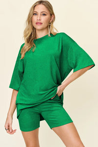 Double Take Full Size Texture Round Neck Drop Shoulder T-Shirt and Shorts Set Mid Green