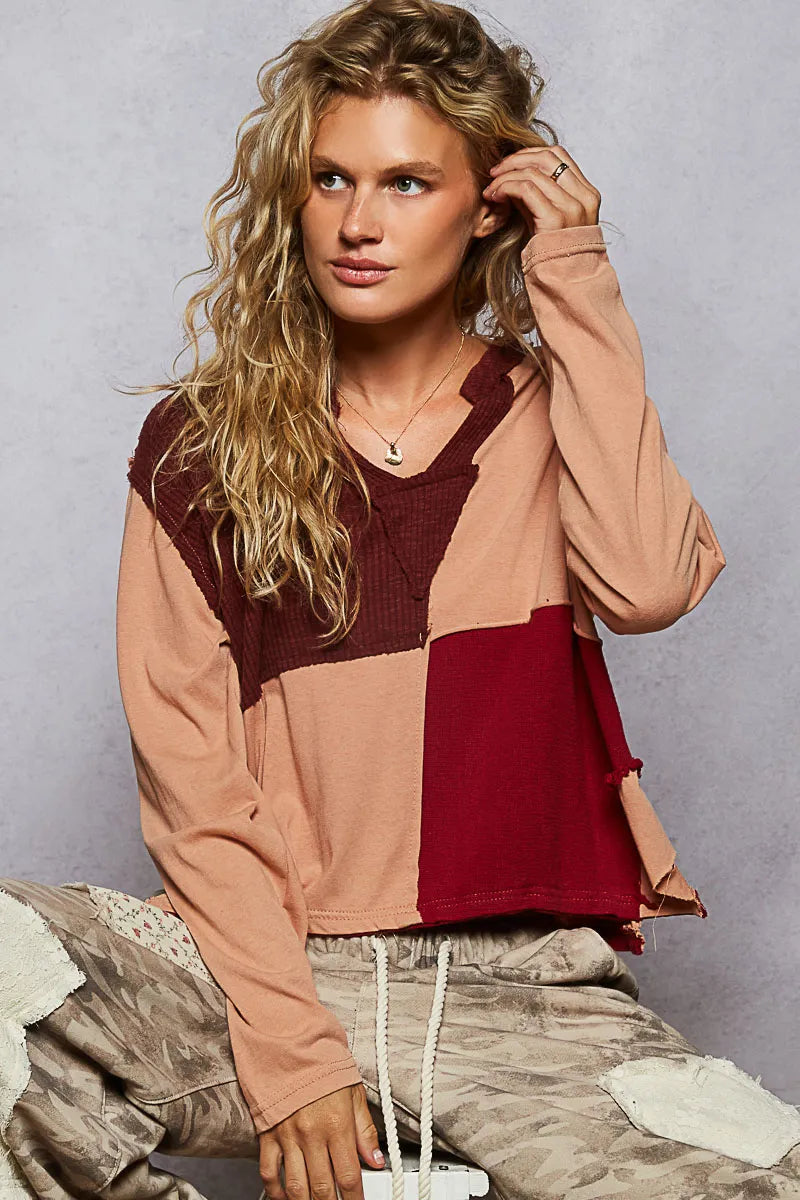 POL Color Block Notched Long Sleeve T-Shirt