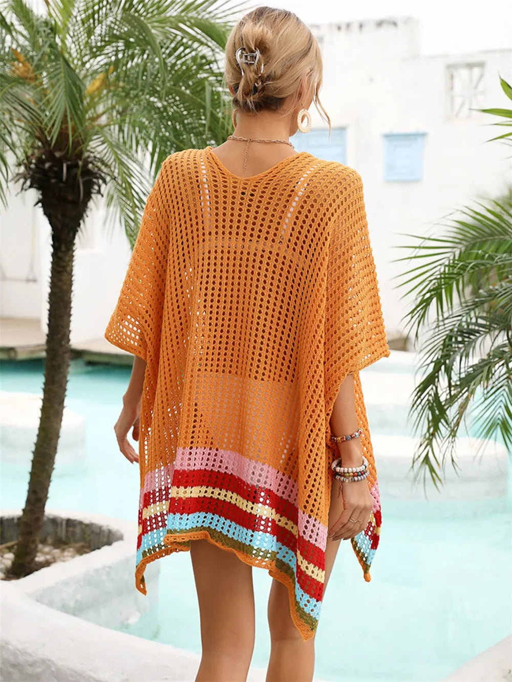 Sheer Slit Openwork V-Neck Half Sleeve Cover-Up - 100% Polyester, Slightly Stretchy