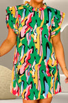 Ruffled Printed Cap Sleeve Mini Dress Green