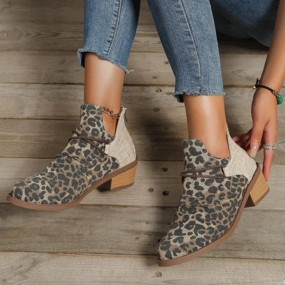 Trendy Contrast Canvas Low Heel Boots for Stylish Comfort - Imported Rubber Sole
