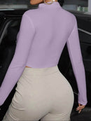 Trendy Half Zip Long Sleeve Crop T-Shirt - Slightly Stretchy Fabric, 95% Polyester, Stylish Fit - Store 42