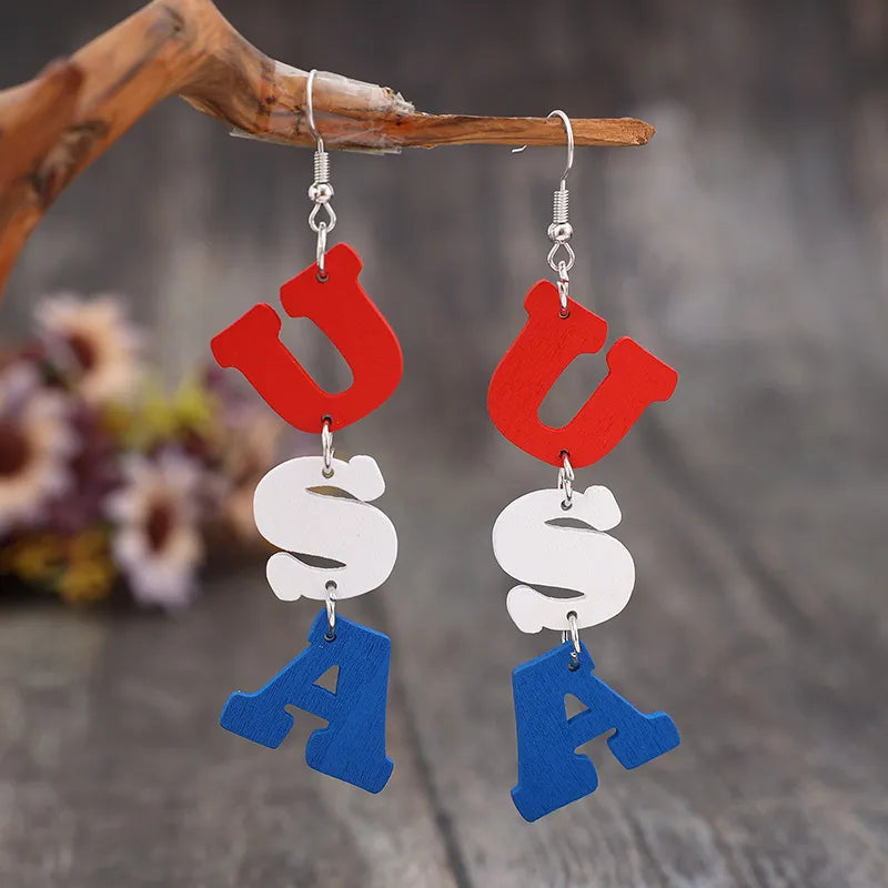 Stylish USA Wooden Letter Dangle Earrings - Lightweight Alloy & Wood Jewelry, 3.7 in Long