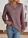 Striped Button Detail Long Sleeve Top Wine Red