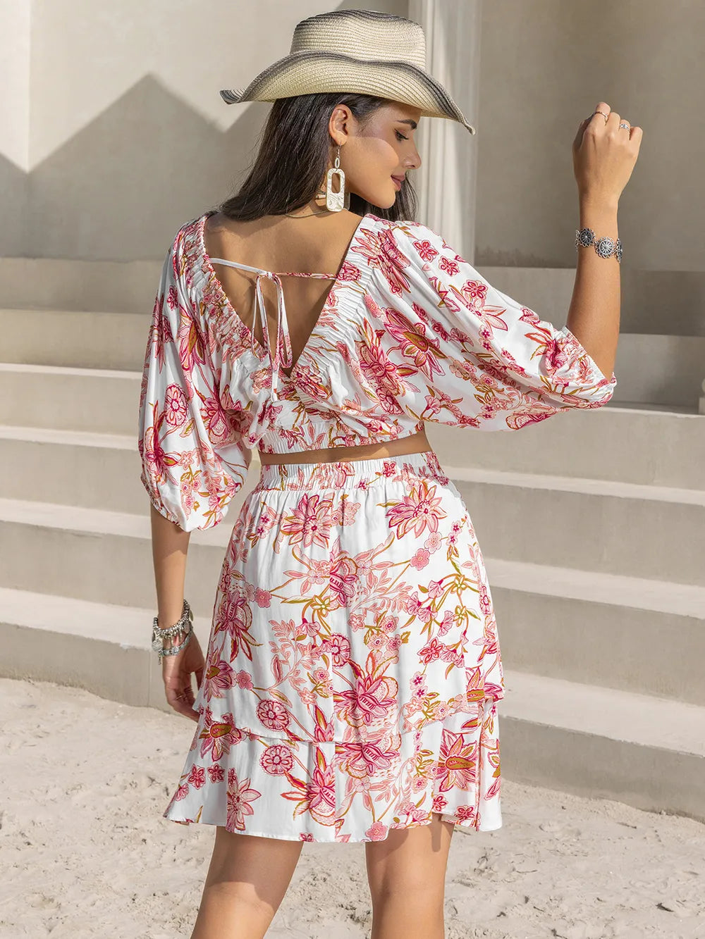 Trendy Two-Piece Printed Half Sleeve Top & Tiered Layered Skirt Set in 100% Viscose