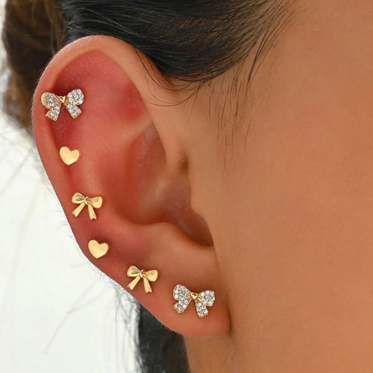 6-Piece 18K Gold-Plated Bow & Heart Stud Earrings Set with Rhinestones