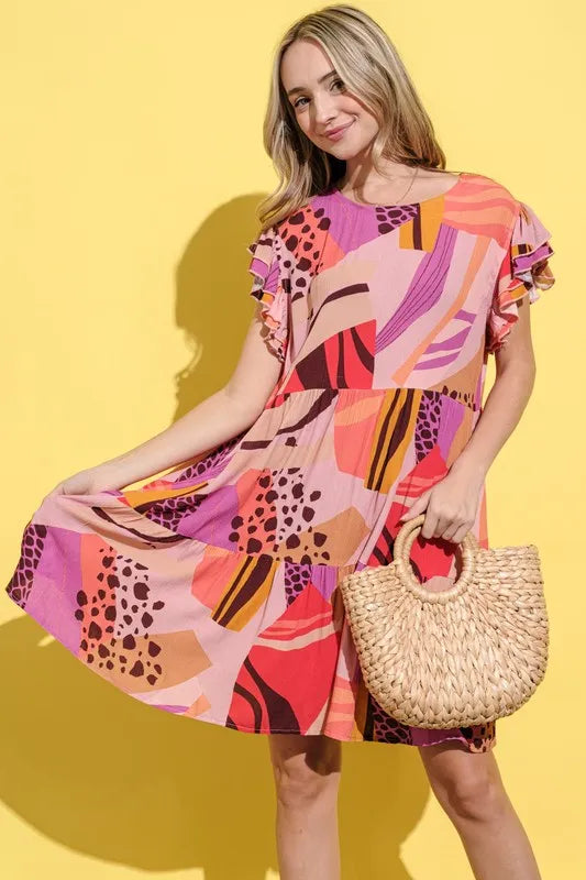 Trendy And The Why Printed Dress With Double Ruffles Sleeves - Whimsical & Feminine Style