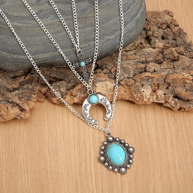 Artificial Turquoise 3-Layer Alloy Necklace - Elegant Statement Jewelry for Any Occasion