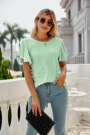 Trendsi Eyelet Flutter Sleeve Semi-Sheer Round Neck Casual Top - 100% Polyester - Store 42