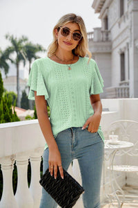Trendsi Eyelet Flutter Sleeve Semi-Sheer Round Neck Casual Top - 100% Polyester - Store 42