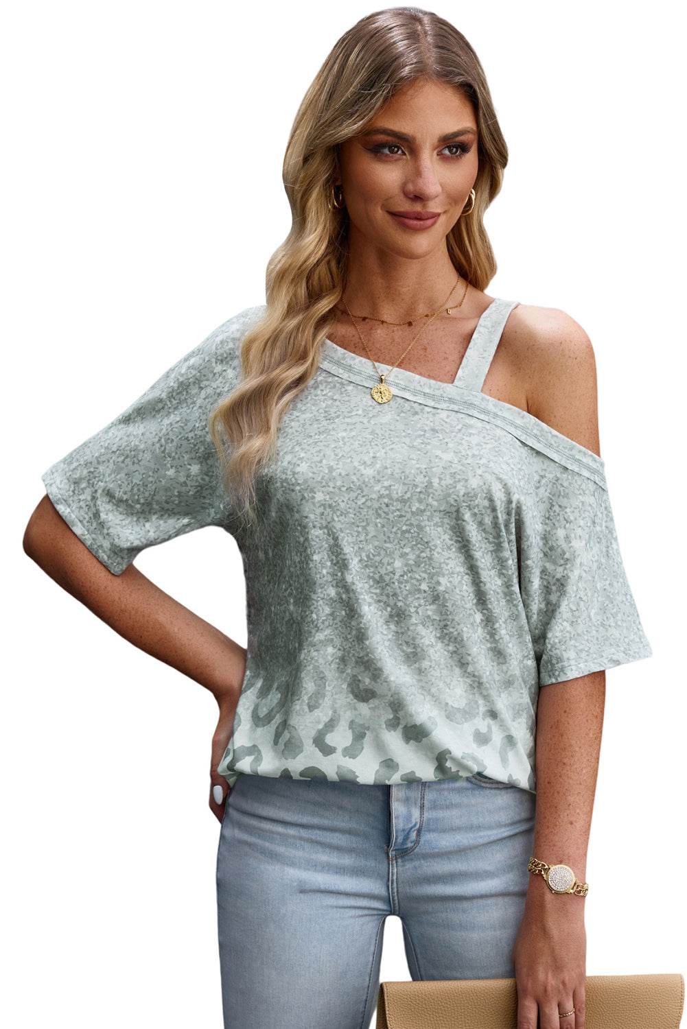 Leopard Print Asymmetrical Neck Cold-Shoulder Blouse with Short Sleeves - Casual Chic Style - Store 42