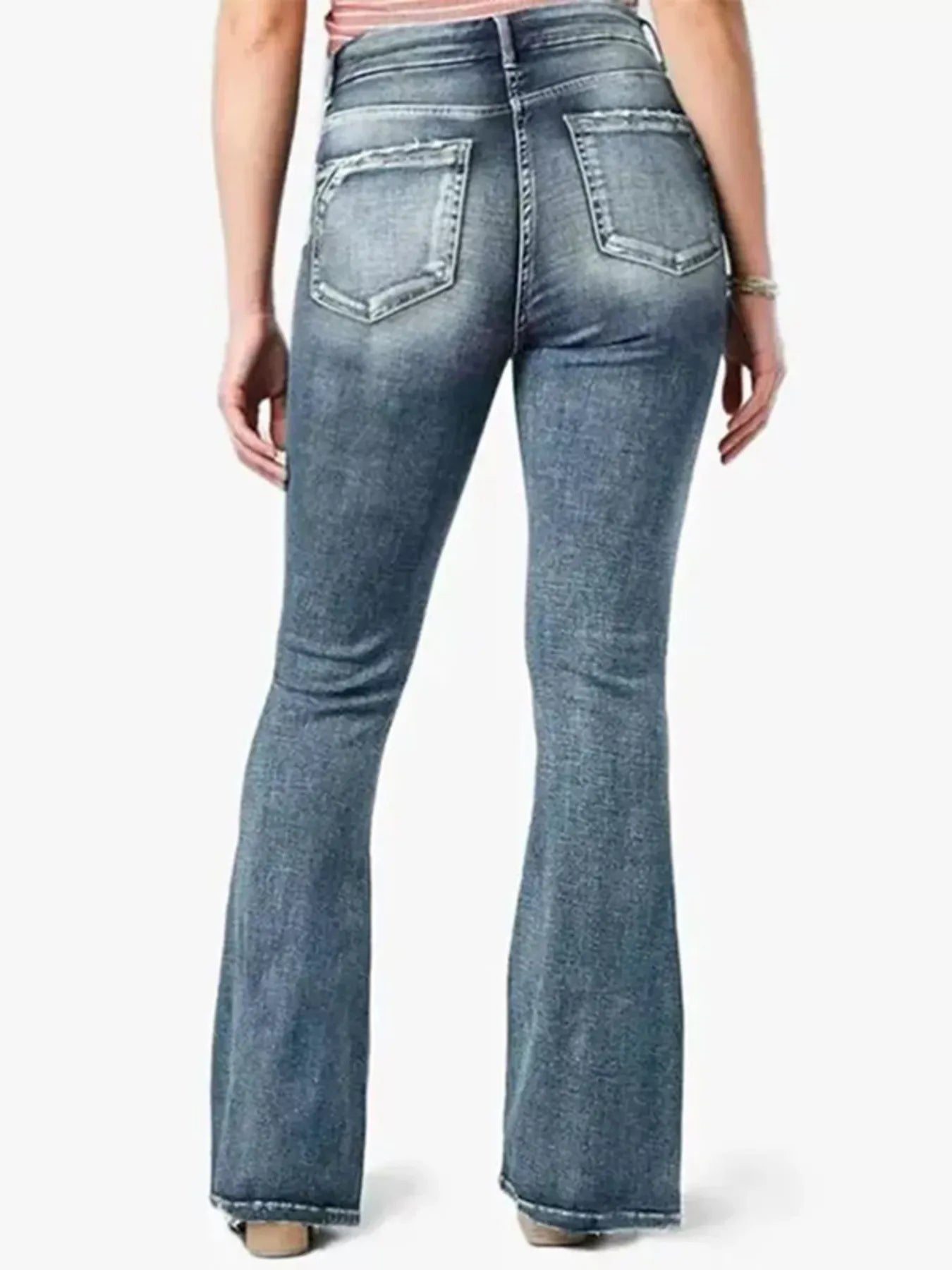 Plus Size Vintage Wash Flare Jeans with Pockets - Slightly Stretchy Denim
