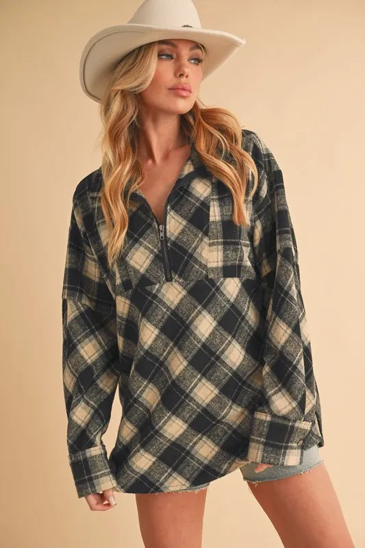 Trendy Aemi + Co Slit Plaid Half Zip Drop Shoulder Top - Relaxed Fit for Casual Chic Style