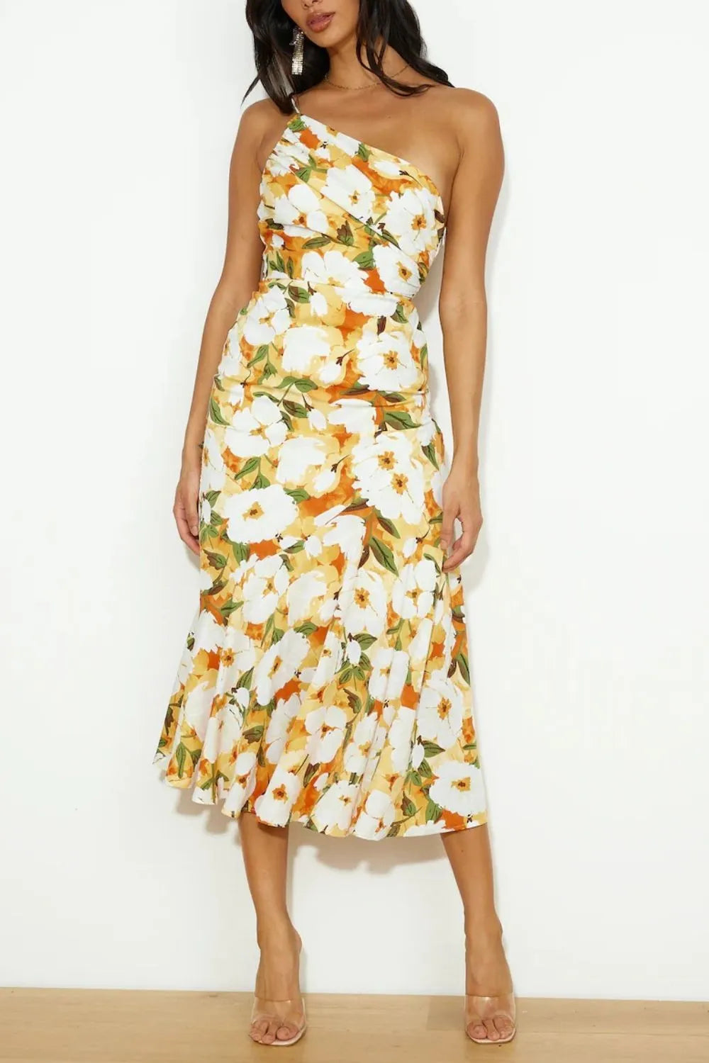 Elegant Ruched Printed Single Shoulder Midi Dress - 100% Polyester, Opaque, Classic Style