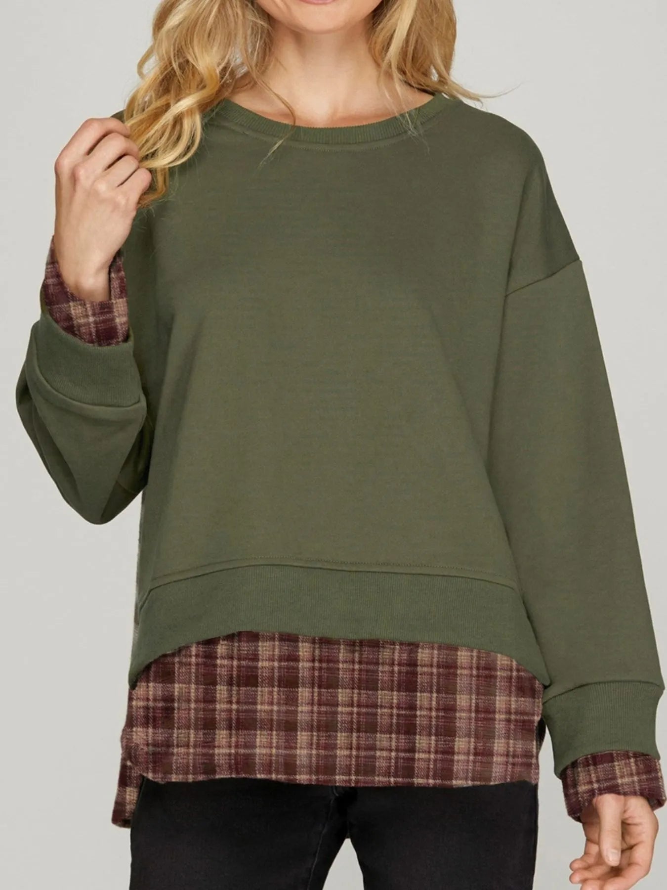 Plaid Patchwork Drop Shoulder Sweatshirt