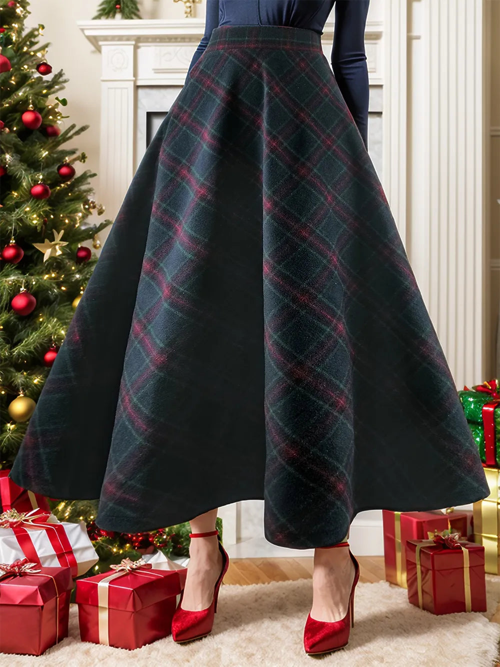 Trendy Plaid Elastic Waist Midi Skirt - Opaque, Comfortable Fit, 95% Polyester, 5% Spandex