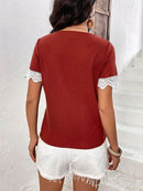 Ivy Lane Decorative Button Spliced Lace Short Sleeve Top - Store 42