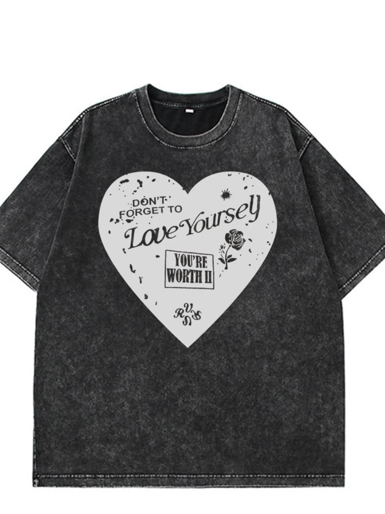Heart Graphic Oversized Round Neck T-Shirt - Short Sleeve, 100% Polyester, Machine Washable - Store 42